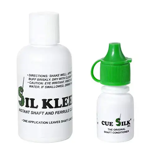 Cue Silk Lot de 2 articles : Sil Kleen Nettoyant pour queue de billard et virole 1 oz Bouteille et Cue Silk Pool Cue Shaft Conditioner ¼ oz Bouteille