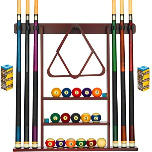 Porte-queue de billard - Support mural pour bâton de billard avec 16 supports de boules et 6 paquets de craies - Coussinets circulaires en caoutchouc et grands clips pour éviter les dommages - Accessoires de table de billard compacts pour Man Cave (acajou) Porte-queue de billard - Support mural pour bâton de billard avec 16 supports de boules et 6 paquets de craies - Coussinets circulaires en caoutchouc et grands clips pour éviter les dommages - Accessoires de table de billard compacts pour Man Cave (acajou)